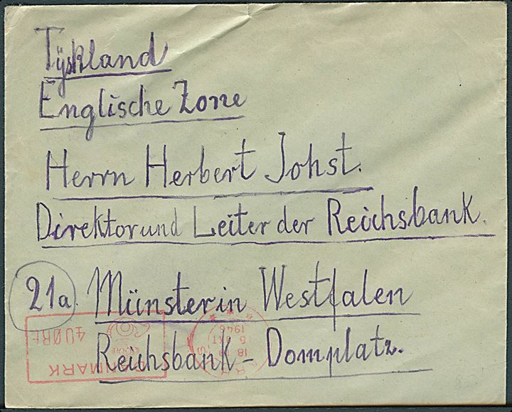 40 øre Posthusfranko fra Aarhus d. 18.10.1946 på flygtningebrev til Münster, Tyskland. På bagsiden rødt stempel: Flygtningelejren “Rye Flyveplads”. 
