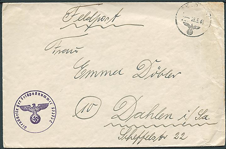 Ufrankeret tysk feltpostbrev stemplet Feldpost d. 26.5. 1944 med tydeligt briefstempel Feldpostnummer 57277C = 2./I. Polizei-Wach-Bataillon Dänemark til Dahlen, Tyskland.