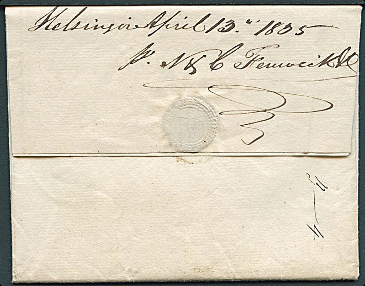 1805. Foldebrev med håndskrevet bynavn Helsingør d. 13.4.1835 til Kjøbenhavn. Fuldt indhold.