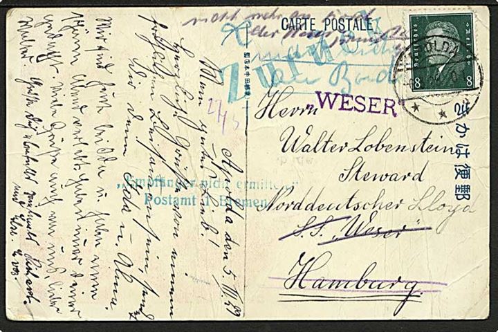 8 pfg. Ebert på brevkort fra Apolda d. 5.3.1929 til passager ombord på S/S Weser, NDL i Hamburg. Retur med flere stempler. Flere folder.