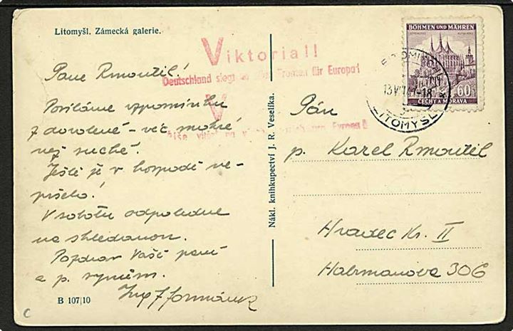 Böhmen-Mähren. 60 h. på indenrigs brevkort fra Litomysl d. 13.8.1941 med rødt 2-sproget propagandastempel: Viktoria!
