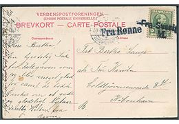 5 øre Chr. IX på brevkort fejlagtigt annulleret med skibsstempel Fra Sverige M. (overstreget) og sidestemplet  Fra Rønne og Kjøbenhavn d. 2.1.1907 til København.