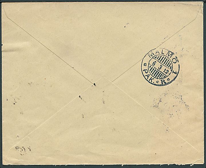 25 øre Fr. VIII single på anbefalet brev med opkrævning fra Kjøbenhavn d. 5.3.1912 til Malmö, Sverige. Porto for opkrævning medtaget i postopkrævningsbeløbet.