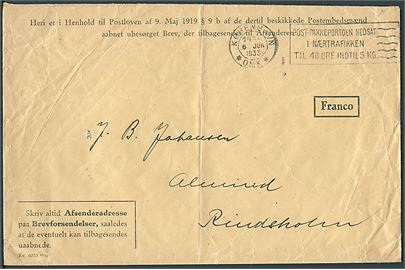 Franco-kuvert (Kv.6070 10/30) til tilbagesendelse af ubesørgelige breve m. TMS “Post-pakkeportoen nedsat i Nærtrafikken til 40 øre indtil 5 kg.”/København *OMK* d. 6.6.1933 til Rindsholm. Fold.