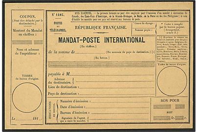 Ubrugt fransk International Postanvisnings-formular. No. 1403 Mandat-Poste International. Ca. 1910.
