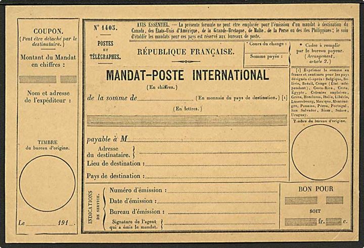 Ubrugt fransk International Postanvisnings-formular. No. 1403 Mandat-Poste International. Ca. 1910.