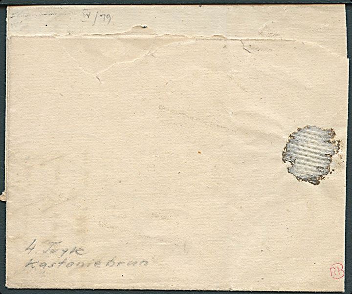 4 R.B.S. Thiele III 4. tryk kastaniebrun på fodpostbrev til udenfor voldene annulleret med nr.stempel “1” og side-stemplet med Fodpoststempel F.P: d. 9.8.1854. 