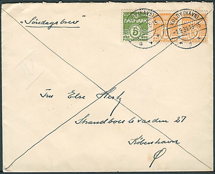 5 øre og 10 øre (par, tysk papir) Bølgelinie på søndags-brev med brotype IIc skibsstempel Kolby (Havn) d. 1.9. 1934 til København. Fra torpedobåden “Laxen”.
