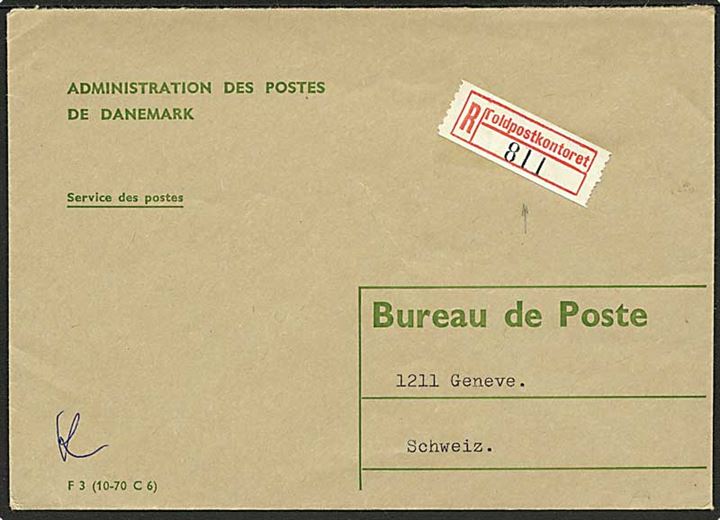 Ufrankeret anbefalet postsagskuvert F3 (10-70 C6) fra Toldpostkontoret ca. 1970 til Geneve, Schweiz.