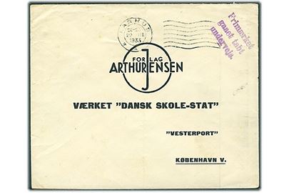 Ufrankeret svarkuvert fra Aarhus d. 29.3.1933 til København med violet stempel: “Frimærket gaaet tabt undervejs.”