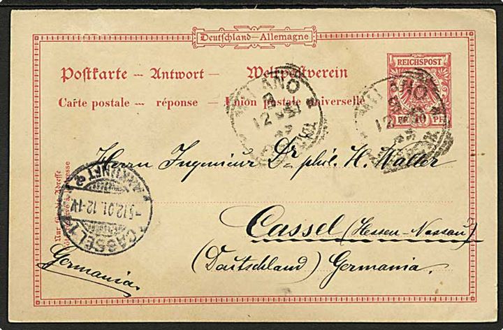10 pfg. svardel af dobbelt helsagsbrevkort annulleret med italiensk stempel i Milano d. 2.12.1901 til Cassel, Tyskland.