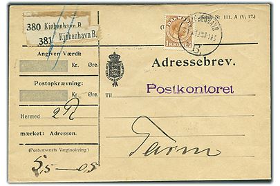 1 kr. Chr. X single på adressebrev for 2 pakker fra Kjøbenhavn B. d. 24.5.1919 til Tarm. På bagsiden afs.stempel: Postmunderingsdepotet.