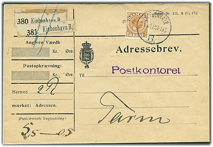 1 kr. Chr. X single på adressebrev for 2 pakker fra Kjøbenhavn B. d. 24.5.1919 til Tarm. På bagsiden afs.stempel: Postmunderingsdepotet.
