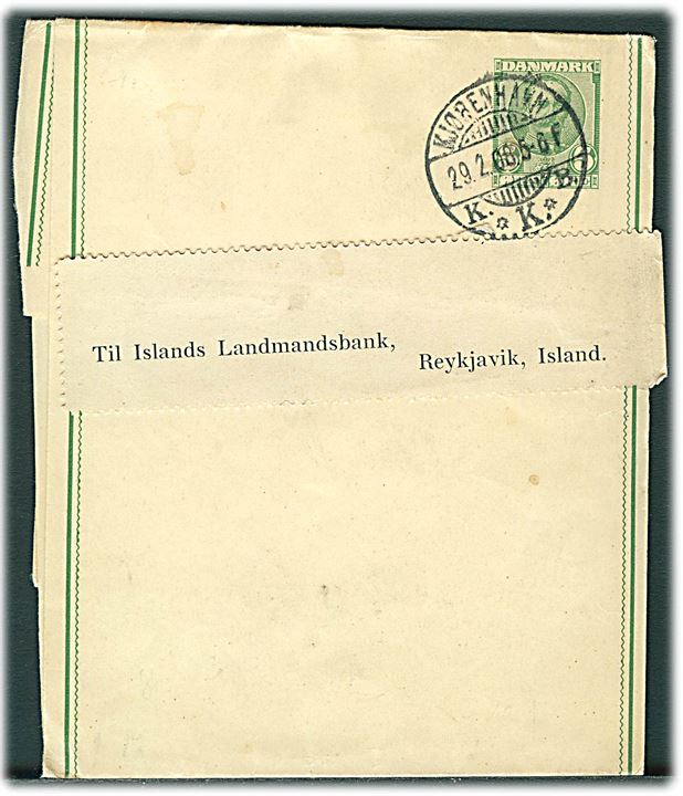 5 øre Fr. VIII helsagskorsbånd sendt som tryksag fra Kjøbenhavn d. 29.2.1908 (Skuddag) til Reykjavik, Island.