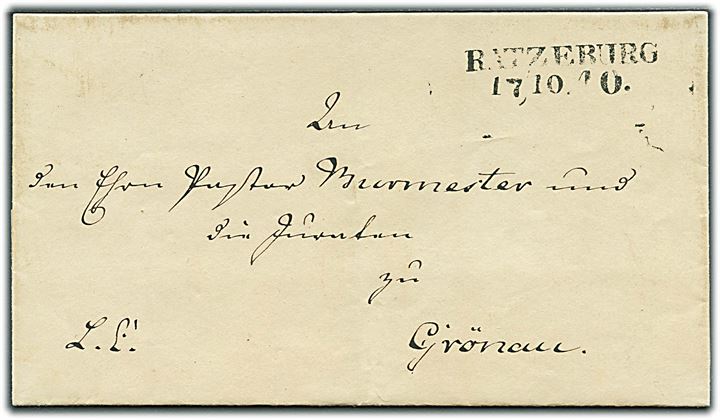 1840. Foldebrev med liniestempel Ratzeburg d. 17.10.1840 til Grönau. 