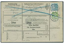 5 øre Bølgelinie og 25 øre Karavel på returneret lokalt Indkasserings-Indbetalingskort i Nibe d. 3.7.1934. 
