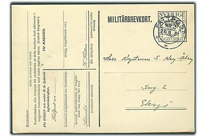 Militärbrevkort stemplet Fältpost Nr. 3 d. 27.8.1931 til officer ved Ing. 2 i Eksjö. Hilsen fra “det stora Kriget!”.