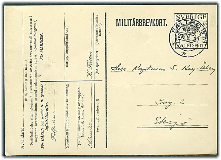 Militärbrevkort stemplet Fältpost Nr. 3 d. 27.8.1931 til officer ved Ing. 2 i Eksjö. Hilsen fra “det stora Kriget!”.