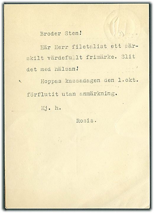 Militärbrevkort stemplet Fältpost Nr. 1 d. 2.10.1930 til Ing. 4 i Boden. 