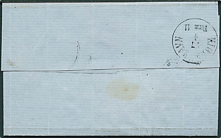 3 sk. Krone/Scepter på tryksag annulleret med svagt nr.stempel og sidestemplet antiqua Svendborg d. 26.4.1866 til Landskrona, Sverige. Mærke igen annulleret med nr.stempel “1” i Kjøbenhavn. 