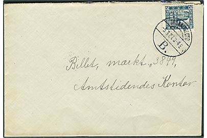 20 øre Genforening på brev annulleret med brotype Vb Dronninglund B. d. 5.3.1921 til Aalborg. 7 måneder tidligere end registreret af Vagn Jensen.