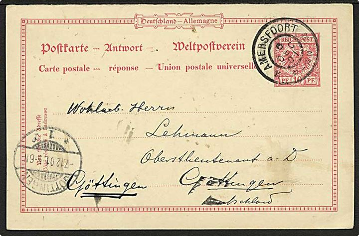 10 pfg. svardel af dobbelt helsagsbrevkort annulleret med hollandsk stempel Amersfoort d. 6.12.1901 til Göttingen, Tyskland.