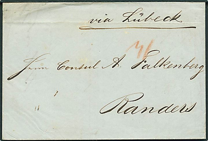 1848. Portobrev fra Hamburg d. 18.4.1848 til Randers. Påskrevet “via Lübeck” da landruten gennem hertugdømmerne blev afbrudt d. 9.4.1848. Modtager betalt 29 sk. porto og 2 sk. bærepenge = 31 skilling.