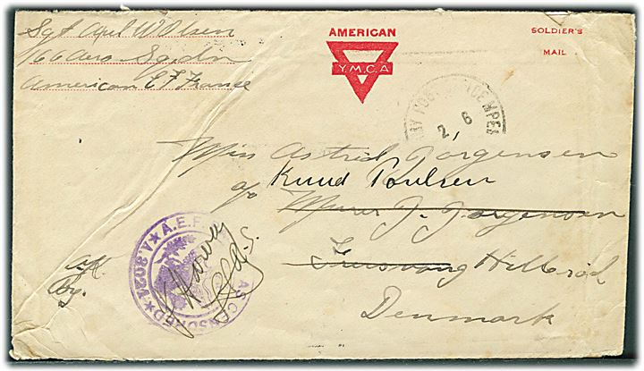 Ufrankeret American YMCA Soldiers Mail kuvert fra Army Post Office MPES d. 6.2.1919 til Hillerød, Danmark. Fra Sgt. Axel Olsen i 166th Aero Squadron (Day Bombardment) American E.F. France stationeret i Coblenz, Tyskland. Violet unit censor no. 3221. 