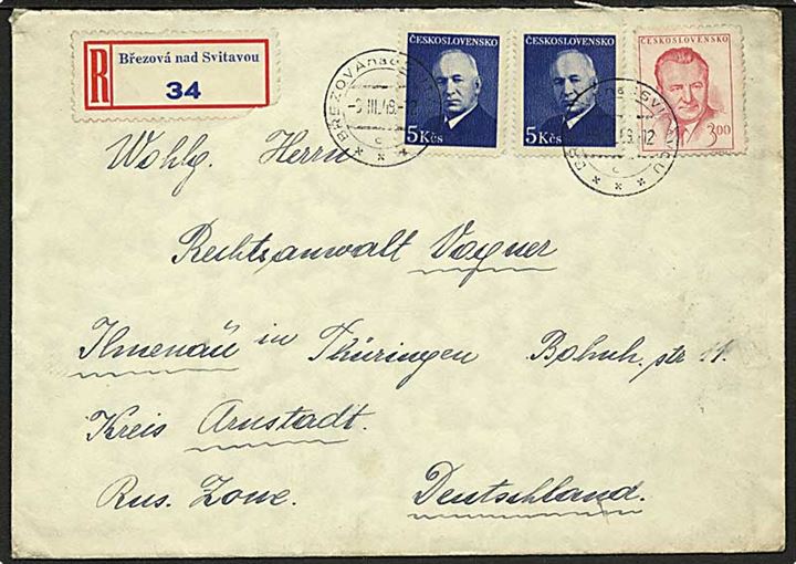 13 kr. anbefalet brev fra Brezova nad Svitavou d. 9.3.1949 til Ilmenau, Tyskland. Tryk på bagsiden overstemplet med tjekkiske censurstempler i Mor. Trebova.