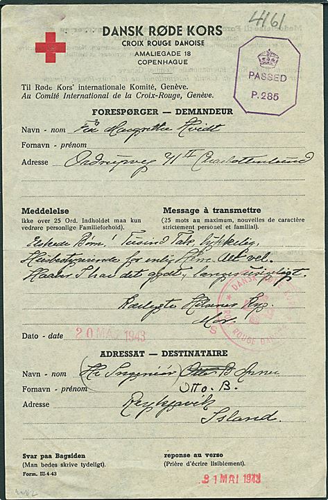 Dansk Røde Kors formular Form. III-4-43 m. meddelelse fra Charlottenlund d. 20.5.1943 til Reykjavik, Island. Violet britisk censurstempel Passed P.285.