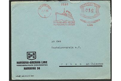 12 pfg. firmafranko fra Hapag i Hamburg d. 3.7.1935 til Prien. Reklame for Hamburg-Amerika Linie Nordlandfahrten.