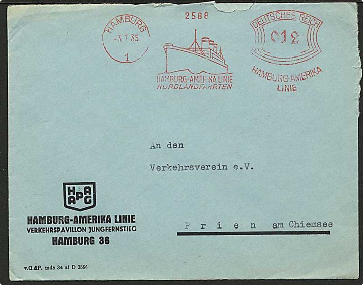 12 pfg. firmafranko fra Hapag i Hamburg d. 3.7.1935 til Prien. Reklame for Hamburg-Amerika Linie Nordlandfahrten.
