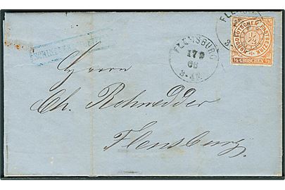 Norddeutscher Postbezirk ½ gr. på brev dateret Stettin d. 14.9.1868 privatbefordret til Flensburg og sendt som lokalbrev i Flensburg d. 17.9.1868. Interessant.