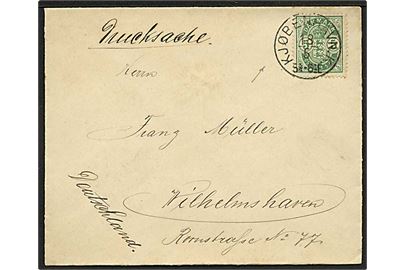 5 øre Våben på lille brev påskrevet Drucksache annulleret med lapidar stempel Kjøbenhavn K. d. 18.5.189x til Wilhelmshaven, Tyskland.