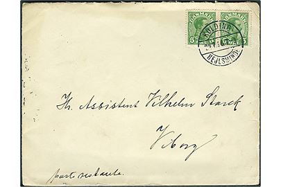 5 øre Chr. X i parstykke på brev fra Hejls annulleret med bureaustempel Kolding - Hejlsminde T.3 d. 24.7.1916 til Viborg. Vanskeligt stempel.