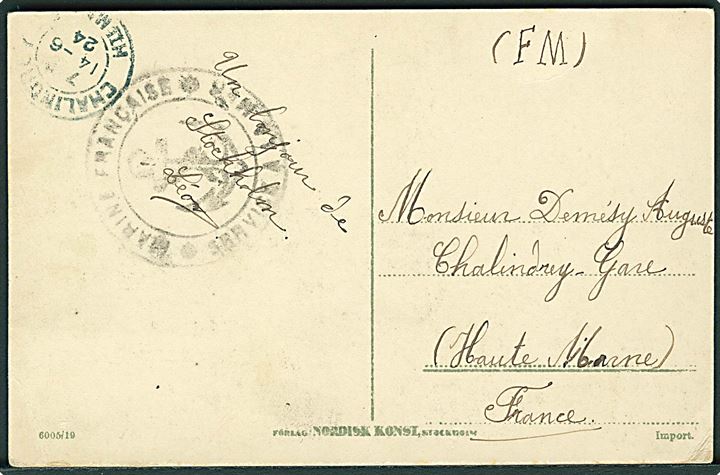 Ufrankeret F.M. brevkort (Stockholm) stemplet Marine Francaise * Service a la Mer * og dateret i Stockholm til Charlindrey, Frankrig. Ank.stemplet d. 14.6.1924. Antagelige fra fransk flådebesøg i Sverige.
