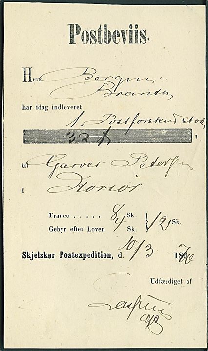 Postbeviis fra Skjelskør Postexpedition for indlevering af Postforskud til Korsør d. 10.3.1870. Franco 8 sk. og Gebyr 4 sk. ialt 12 skilling.