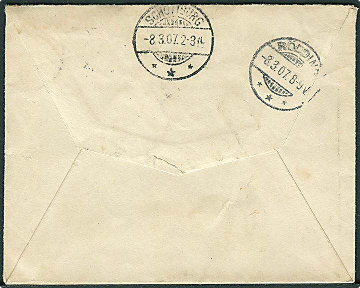 5 øre Chr. IX i parstykke på Grænseporto brev fra Ribe d. 7.3.1907 til Københoved pr. Rødding - eftersendt til Schottburg som er korrekt postadresse. Ank. d. 8.3.1907.