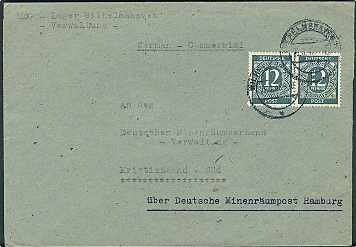 24 pfg. brev fra MDG Lager i Wilhelmshaven d. 23.8. 1946 til Deutschen Minenräumverband Kristiansand Süd (Norge) über  Deutsche Minenräumpost Hamburg. MDG = Militär Dienstgruppe. Indgående brev til den tyske marine minerydning ved Norge.