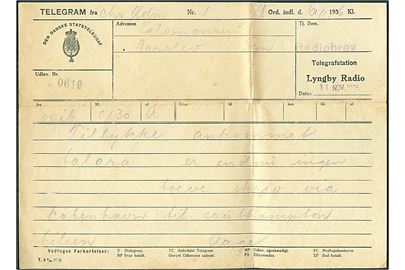 Telegram formular T.3 8/34 (C5) fra Telegrafstation Lyngby Radio stemplet Radiobrev d. 11.11.1936 med meddelelse fra M/S “Christian Holm” ved Talara i Peru til Aarslev på Fyn. Uden kuvert.