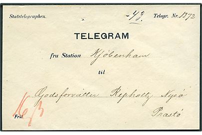 Statstelegraphen Telegram nr. 1272 fra Kjøbenhavn (ca. 1860’erne) til Nysø pr. Præstø. Påskrevet 16 sk. gebyr for udbringning.