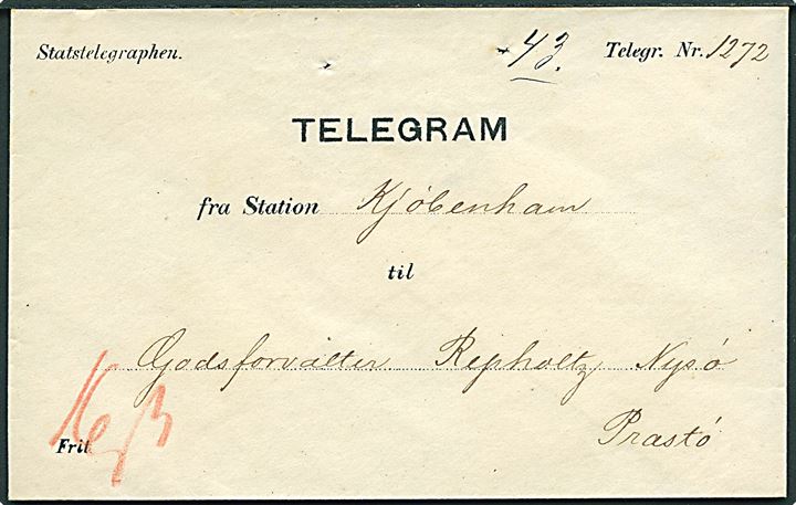Statstelegraphen Telegram nr. 1272 fra Kjøbenhavn (ca. 1860’erne) til Nysø pr. Præstø. Påskrevet 16 sk. gebyr for udbringning.