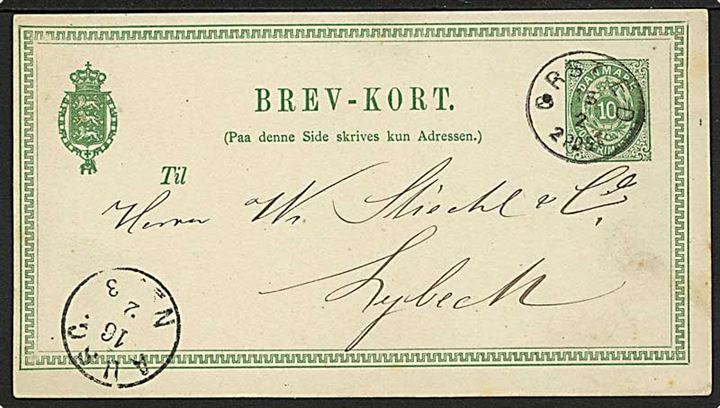10 øre helsagsbrevkort annulleret med lapidar stempel Ørsted d. 15.2.1886 til Lübeck, Tyskland.