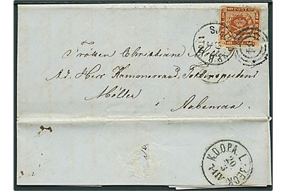 4 sk. stukken kant på brev fra Christianshavn annulleret med kombineret nr.stempel “34”/SJ.JB.P.SP.B. d. 20.3. 1864 via K.D.O.P.A. Lübeck d. 20.3.1864 til Aabenraa. R3 jf. Karsten Jensen. 