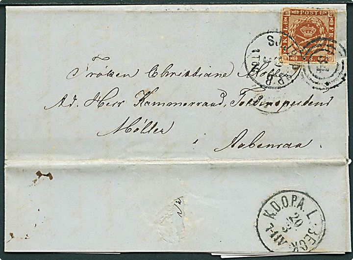 4 sk. stukken kant på brev fra Christianshavn annulleret med kombineret nr.stempel “34”/SJ.JB.P.SP.B. d. 20.3. 1864 via K.D.O.P.A. Lübeck d. 20.3.1864 til Aabenraa. R3 jf. Karsten Jensen. 