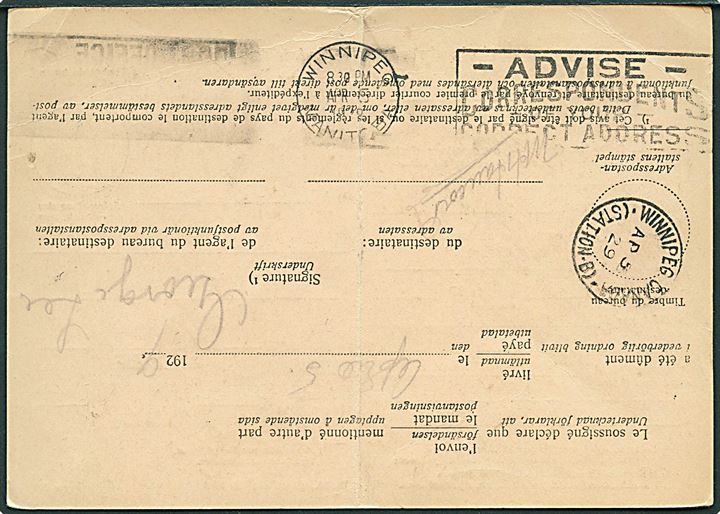 Modtagelsesbevis formular Bl.33 (Sept. 25) 25 1813 for værdibrev fra Malmö d. 26.3.1929 til Winnipeg, Canada. Stemplet Winnipeg d. 5.4.1929 og returneret til Sverige. Lodret fold.