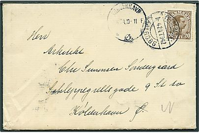 20 øre Chr. X på brev fra Randers annulleret med fejlgraveret bureaustempel Fredericia - Aalbobg T.942 d. 1.4.1924 til København. 