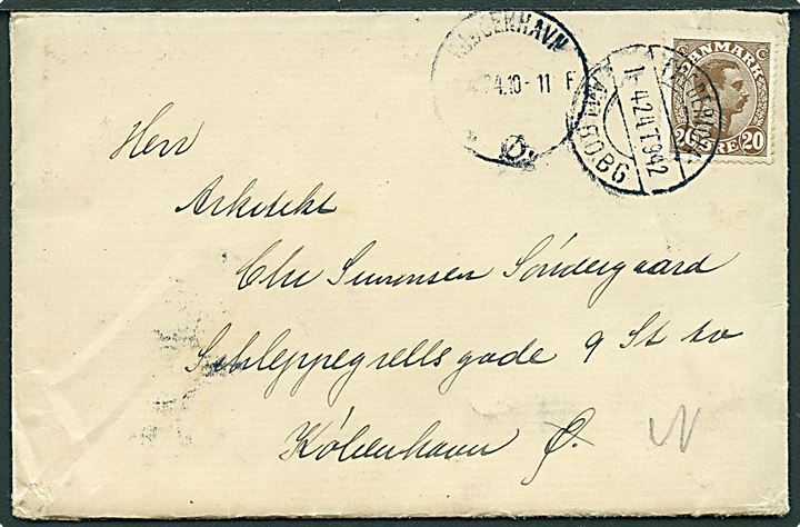 20 øre Chr. X på brev fra Randers annulleret med fejlgraveret bureaustempel Fredericia - Aalbobg T.942 d. 1.4.1924 til København. 