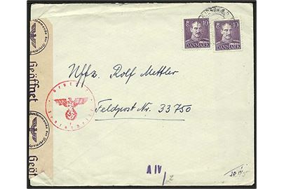 10 øre Chr. X (2) på brev fra Hjordkær ca. 1944 til tyrk feltpost adresse: Feldpost Nr. 33750 (= Sanitäts-Kompanie 416, stationeret i Aalborg til okt. 1944 - herefter i Saarpfalz i Tyskland) Åbnet af tysk censur i Hamburg.