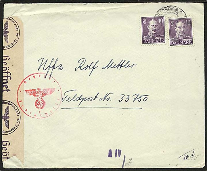 10 øre Chr. X (2) på brev fra Hjordkær ca. 1944 til tyrk feltpost adresse: Feldpost Nr. 33750 (= Sanitäts-Kompanie 416, stationeret i Aalborg til okt. 1944 - herefter i Saarpfalz i Tyskland) Åbnet af tysk censur i Hamburg.